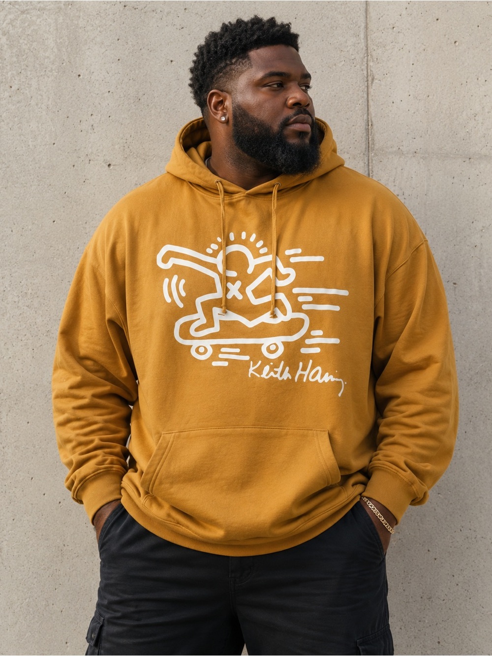 Keith Haring Mustard Graphic Skateboard Pullover Hoodie Streetwear Unisex